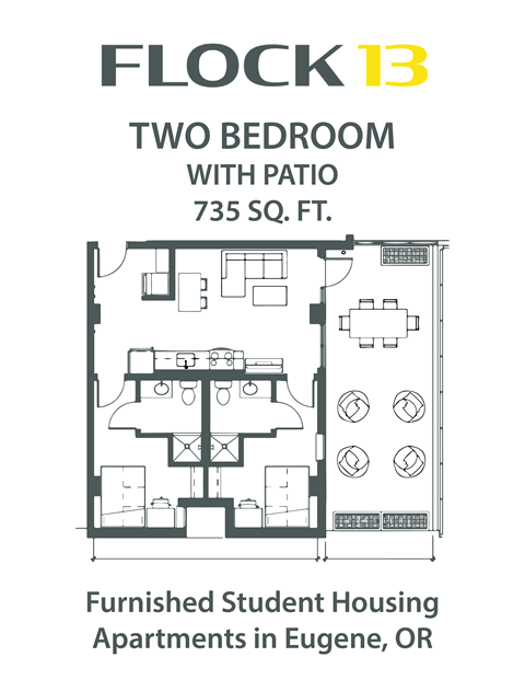 Floor plan for 2 beds, 2 baths, 735 sqft